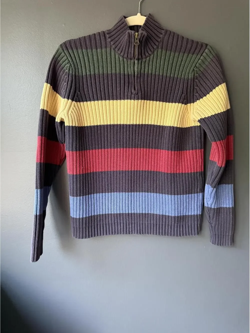 Lands' End Ribbed Half-Zip Sweater in Brown with Multicolor Stripes
